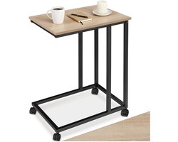 tectake® C-Vormige Bijzettafel - Salontafel met wieltjes - Mobiele laptoptafel van hout en metaal - Industrieel design - Belastbaarheid 75 kg - Afmeting (LxBxH) 48 x 35 x 70 cm - Zwart metalen frame - Lichtbruin