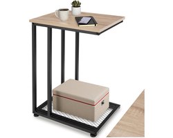 tectake® C-Vormige Bijzettafel van Hout en Metaal – Industrieel Design, Salontafel met Roosterplank, 48x35x66 cm, Zwart Metalen Frame – Licht Sonoma Eiken