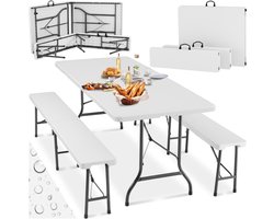 tectake® Campingtafel Set - Tuintafel met 2 Banken - 180 cm - Picknicktafel - Campingmeubel set - Opklapbaar - Compact op te bergen - Ook te gebruiken als Biertafel of Buffettafel - Wit