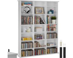 tectake® CD/DVD/Blu-ray kast - Boekenkast - 18 flexibel verstelbare planken - Houten mediakast met kantelbeveiliging - Plankstandaard - Afmeting (LxDxH) 105,5 x 19 x 136,5 cm - Wit