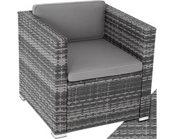 tectake® Comfortabele wicker fauteuil met armleuningen - Tuinmeubelen voor balkon, tuin, lounge - Afmetingen (LxBXH) 70x69x65 cm - Waterafstotende en wasbare hoezen - Inclusief zit- en rugkussens - Poly-rattan - Grijs