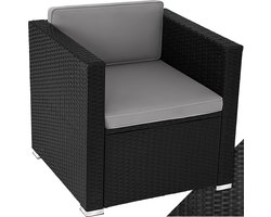 tectake® Comfortabele wicker fauteuil met armleuningen - Tuinmeubelen voor balkon, tuin, lounge - Afmetingen (LxBXH) 70x69x65 cm - Waterafstotende en wasbare hoezen - Inclusief zit- en rugkussens - Poly-rattan - Zwart