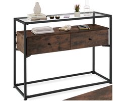 tectake® Consoletafel met 2 lades en glazen blad - Sidetable met 2 niveaus - Houten dressoir met glazen blad - Industrieel design - Zwart metalen frame - Afmeting (LxBxH) 101,5 x 41,5 x 80,5 cm - Donkerbruin
