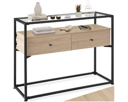 tectake® Consoletafel met 2 lades en glazen blad - Sidetable met 2 niveaus - Houten dressoir met glazen blad - Industrieel design - Zwart metalen frame - Afmeting (LxBxH) 101,5 x 41,5 x 80,5 cm - Lichtbruin
