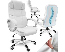 tectake® Directiestoel - Ergonomische bureaustoel met 12 cm vulling - In hoogte verstelbaar - Zithoogte 47 - 55cm - Draagkracht 120 kg - Draaistoel met armleuningen en wipfunctie - Pc-stoel met lederlook en wielen - Wit