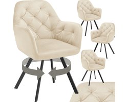 tectake® Draaistoel Fluweellook – Eetkamerstoel met Armleuningen – Ergonomische Zitting en Rugleuning – 180° Draaibaar – Moderne Stalen Poten – Set van 4 - Crème