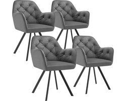 tectake® Draaistoel Fluweellook – Eetkamerstoel met Armleuningen – Ergonomische Zitting en Rugleuning – 180° Draaibaar – Moderne Stalen Poten – Set van 4 - Antraciet