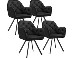 tectake® Draaistoel Fluweellook – Eetkamerstoel met Armleuningen – Ergonomische Zitting en Rugleuning – 180° Draaibaar – Moderne Stalen Poten – Set van 4 – Zwart