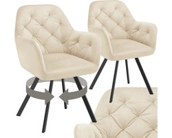 tectake® - Draaistoel in fluweellook - Eetkamerstoel met armleuningen - Ergonomische zitting en rugleuning - 180 graden draaibaar - Moderne stoel met stalen poten - Diverse kleuren - Set van 2 - Crème