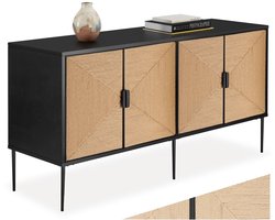 tectake® Dressoir Juna - 150 x 47 x 77 cm - Kast met Boho Hout Jute-Look - 2 Opbergvakken met Magnetische Deuren en Tussenplanken - TV Meubel - Opbergkast met Deuren - Zwart - Landelijk