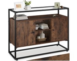 tectake® Dressoir met 2 kasten en glazen blad - Bijzettafel met planken en magnetische deuren - Industrieel design - Zwart metalen frame - Afmeting (LxBxH) 100 x 38 x 80,5 cm - Donkerbruin