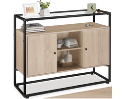 tectake® Dressoir met 2 kasten en glazen blad - Bijzettafel met planken en magnetische deuren - Industrieel design - Zwart metalen frame - Afmeting (LxBxH) 100 x 38 x 80,5 cm - Lichtbruin