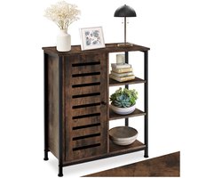 tectake® Dressoir wandkast met 3 vakken en kastvak - Industrieel design - Houten ladekast voor woonkamer, hal, keuken, badkamer - Afmeting (LxBxH) 71 x 32 x 82 cm - Zwart metalen frame - Deur links - Donkerbruin