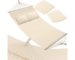 tectake® Dubbele hangmat voor 2 personen - Inclusief 2 kussens en spreidstokken - Ligvlak ca. 230x145 cm - Draagvermogen tot 240 kg - Diverse kleuren - Beige