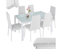 tectake® Eetkamergroep - Eettafel en 6 eetkamerstoelen - Duurzaam kunstleer en robuust tafelblad van veiligheidsglas - Wit/wit