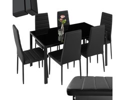 tectake® Eetkamergroep - Eettafel en 6 eetkamerstoelen - Duurzaam kunstleer en robuust tafelblad van veiligheidsglas - Zwart/Zwart