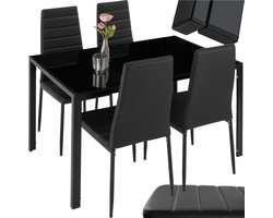 tectake® Eetkamergroep met 4 stoelen - Tafel met glazen blad - Eetgroep voor 4 personen - Set van 4 eetkamerstoelen met kunstleer - Geschikt voor woonkamer, keuken, kantoor - Zwart