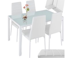 tectake® Eetkamergroep met 4 stoelen - Tafel met glazen blad - Eetgroep voor 4 personen - Set van 4 eetkamerstoelen met kunstleer - Geschikt voor woonkamer, keuken, kantoor - Wit