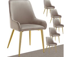 tectake® Eetkamerstoel Avane - Fluweeloptiek - Ergonomische gestoffeerde stoel met gouden stalen poten - Draagkracht 120 kg - Moderne eetkamer- en keukenstoel - Set van 6 - Taupe