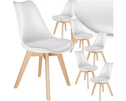 tectake® Eetkamerstoel Frederikke - Set van 6 Eetkamerstoelen met Gevoerde Stoffen Zitting - Massief Houten Poten - Ergonomische Stoelen geschikt voor Woonkamer, Eetkamer, Slaapkamer en Keuken - Draagkracht 120kg - Wit