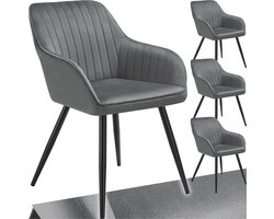 tectake® Eetkamerstoel - Gevoerde fluwelen zitting met gestikt patroon - Zwart metalen poten - Woonkamer, eetkamer, slaapkamer en kantoor - Draagkracht 120 kg - Set van 4 - Grijs/zwart