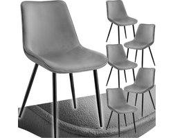 tectake® Eetkamerstoel - Gevoerde fluwelen zitting - Zwart metalen poten - Woonkamer, eetkamer, slaapkamer en kantoor - Draagkracht 120 kg - Set van 6 - Grijs/zwart