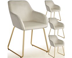 tectake® - Eetkamerstoel Jeane - Set van 4 Eetkamerstoelen - Met doorlopende rugleuning en armleuning - Kuipstoelen met fluwelen bekleding - Stijlvolle keukenstoelen voor eetkamer of woonkamer - Slipvrije en vloerbeschermende voetjes - Crème/goud