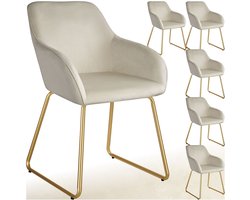 tectake® - Eetkamerstoel Jeane - Set van 6 Eetkamerstoelen - Met doorlopende rugleuning en armleuning - Kuipstoelen met fluwelen bekleding - Stijlvolle keukenstoelen voor eetkamer of woonkamer - Slipvrije en vloerbeschermende voetjes - Crème/goud