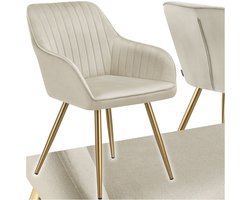 tectake® Eetkamerstoel Marilyn - Gestoffeerde Stoel in Fluweellook - Doorgestikt - Zwarte Stoelpoten - Ergonomische Keukenstoel - Met Doorlopende Rugleuning en Armleuningen - Stoel voor Woonkamer, Eetkamer, Slaapkamer - Creme
