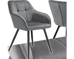 tectake® Eetkamerstoel Marilyn - Gestoffeerde Stoel in Fluweellook - Stikpatroon - Zwarte Stoelpoten - Ergonomische Keukenstoel - Met Doorlopende Rugleuning en Armleuningen - Stoel voor Woonkamer, Eetkamer, Slaapkamer - Grijs