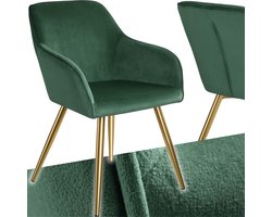 tectake® Eetkamerstoel Marilyn - Met Armleuningen - Elegante Stoel met Gevoerde Zitting in Fluweellook - Gestoffeerd - Gouden Metalen Poten - Ergonomische Keukenstoel - Stoel voor Woonkamer, Eetkamer en Slaapkamer - Donkergroen