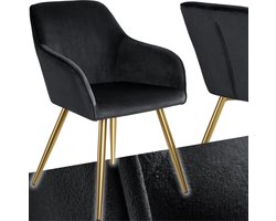 tectake® Eetkamerstoel Marilyn - Met Armleuningen - Elegante Stoel met Gevoerde Zitting in Fluweellook - Gestoffeerd - Gouden Metalen Poten - Ergonomische Keukenstoel - Stoel voor Woonkamer, Eetkamer en Slaapkamer - Zwart