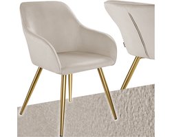 tectake® Eetkamerstoel Marilyn - Met Armleuningen - Elegante Stoel met Gevoerde Zitting in Fluweellook - Gestoffeerd - Gouden Metalen Poten - Ergonomische Keukenstoel - Stoel voor Woonkamer, Eetkamer en Slaapkamer - Taupe