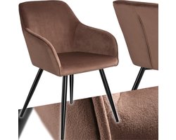 tectake® Eetkamerstoel Marilyn - Met Armleuningen - Elegante Stoel met Gevoerde Zitting in Fluweellook - Gestoffeerd - Zwarte Metalen Poten - Ergonomische Keukenstoel - Stoel voor Woonkamer, Eetkamer en Slaapkamer - Bruin