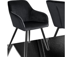 tectake® Eetkamerstoel Marilyn - Met Armleuningen - Elegante Stoel met Gevoerde Zitting in Fluweellook - Gestoffeerd - Zwarte Metalen Poten - Ergonomische Keukenstoel - Stoel voor Woonkamer, Eetkamer en Slaapkamer - Zwart