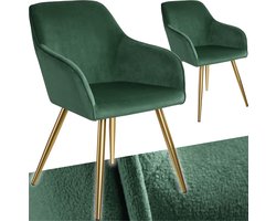 tectake® Eetkamerstoel Marilyn - Set van 2 - Met Armleuningen - Elegante Stoel met Gevoerde Zitting in Fluweellook - Gestoffeerd - Gouden metalen poten - Ergonomische Keukenstoel - Stoel voor Woonkamer, Eetkamer en Slaapkamer - Donkergroen