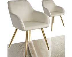 tectake® Eetkamerstoel Marilyn - Set van 2 - Met Armleuningen - Elegante Stoel met Gevoerde Zitting in Fluweellook - Gestoffeerd - Gouden metalen poten - Ergonomische Keukenstoel - Stoel voor Woonkamer, Eetkamer en Slaapkamer - Creme