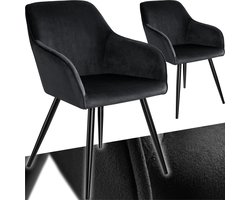 tectake® Eetkamerstoel Marilyn - Set van 2 - Met Armleuningen - Elegante Stoel met Gevoerde Zitting in Fluweellook - Gestoffeerd - Zwarte metalen poten - Ergonomische Keukenstoel - Stoel voor Woonkamer, Eetkamer en Slaapkamer - Zwart