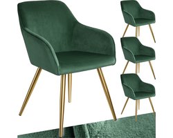 tectake® Eetkamerstoel Marilyn - Set van 4 - Met Armleuningen - Elegante Stoel met Gevoerde Zitting in Fluweellook - Gestoffeerd - Gouden metalen poten - Ergonomische Keukenstoel - Stoel voor Woonkamer, Eetkamer en Slaapkamer - Donkergroen