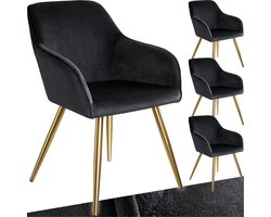 tectake® Eetkamerstoel Marilyn - Set van 4 - Met Armleuningen - Elegante Stoel met Gevoerde Zitting in Fluweellook - Gestoffeerd - Gouden metalen poten - Ergonomische Keukenstoel - Stoel voor Woonkamer, Eetkamer en Slaapkamer - Zwart