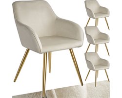 tectake® Eetkamerstoel Marilyn - Set van 4 - Met Armleuningen - Elegante Stoel met Gevoerde Zitting in Fluweellook - Gestoffeerd - Gouden metalen poten - Ergonomische Keukenstoel - Stoel voor Woonkamer, Eetkamer en Slaapkamer - Creme