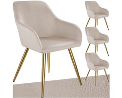 tectake® Eetkamerstoel Marilyn - Set van 4 - Met Armleuningen - Elegante Stoel met Gevoerde Zitting in Fluweellook - Gestoffeerd - Gouden metalen poten - Ergonomische Keukenstoel - Stoel voor Woonkamer, Eetkamer en Slaapkamer - Taupe