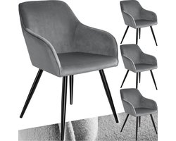 tectake® Eetkamerstoel Marilyn - Set van 4 - Met Armleuningen - Elegante Stoel met Gevoerde Zitting in Fluweellook - Gestoffeerd - Zwarte metalen poten - Ergonomische Keukenstoel - Stoel voor Woonkamer, Eetkamer en Slaapkamer - Grijs