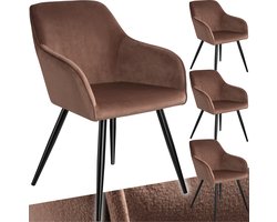 tectake® Eetkamerstoel Marilyn - Set van 4 - Met Armleuningen - Elegante Stoel met Gevoerde Zitting in Fluweellook - Gestoffeerd - Zwarte metalen poten - Ergonomische Keukenstoel - Stoel voor Woonkamer, Eetkamer en Slaapkamer - Bruin