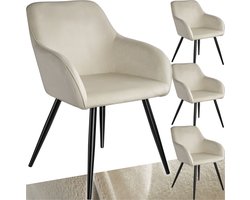 tectake® Eetkamerstoel Marilyn - Set van 4 - Met Armleuningen - Elegante Stoel met Gevoerde Zitting in Fluweellook - Gestoffeerd - Zwarte metalen poten - Ergonomische Keukenstoel - Stoel voor Woonkamer, Eetkamer en Slaapkamer - Creme