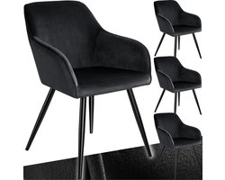 tectake® Eetkamerstoel Marilyn - Set van 4 - Met Armleuningen - Elegante Stoel met Gevoerde Zitting in Fluweellook - Gestoffeerd - Zwarte metalen poten - Ergonomische Keukenstoel - Stoel voor Woonkamer, Eetkamer en Slaapkamer - Zwart