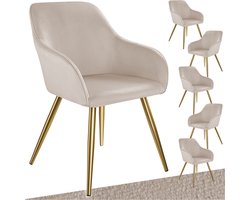 tectake® Eetkamerstoel Marilyn - Set van 6 Eetkamerstoelen met Armleuningen - Elegante Stoel met Gevoerde Zitting in Fluweellook - Gestoffeerd - Gouden metalen poten - Ergonomische Keukenstoel - Stoel voor Woonkamer, Eetkamer en Slaapkamer - Taupe