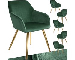 tectake® Eetkamerstoel Marilyn - Set van 6 - Met Armleuningen - Elegante Stoel met Gevoerde Zitting in Fluweellook - Gestoffeerd - Gouden metalen poten - Ergonomische Keukenstoel - Stoel voor Woonkamer, Eetkamer en Slaapkamer - Donkergroen
