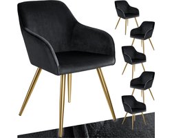 tectake® Eetkamerstoel Marilyn - Set van 6 - Met Armleuningen - Elegante Stoel met Gevoerde Zitting in Fluweellook - Gestoffeerd - Gouden metalen poten - Ergonomische Keukenstoel - Stoel voor Woonkamer, Eetkamer en Slaapkamer - Zwart