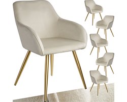 tectake® Eetkamerstoel Marilyn - Set van 6 - Met Armleuningen - Elegante Stoel met Gevoerde Zitting in Fluweellook - Gestoffeerd - Gouden metalen poten - Ergonomische Keukenstoel - Stoel voor Woonkamer, Eetkamer en Slaapkamer - Creme